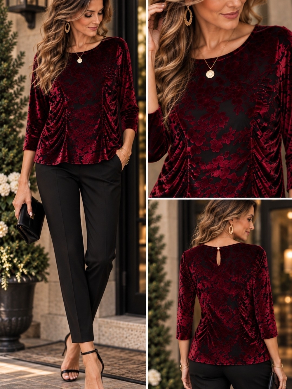 Burgundy Velvet Burnout Floral Ruched Long Top Shirt Blouse Christmas Holiday XL